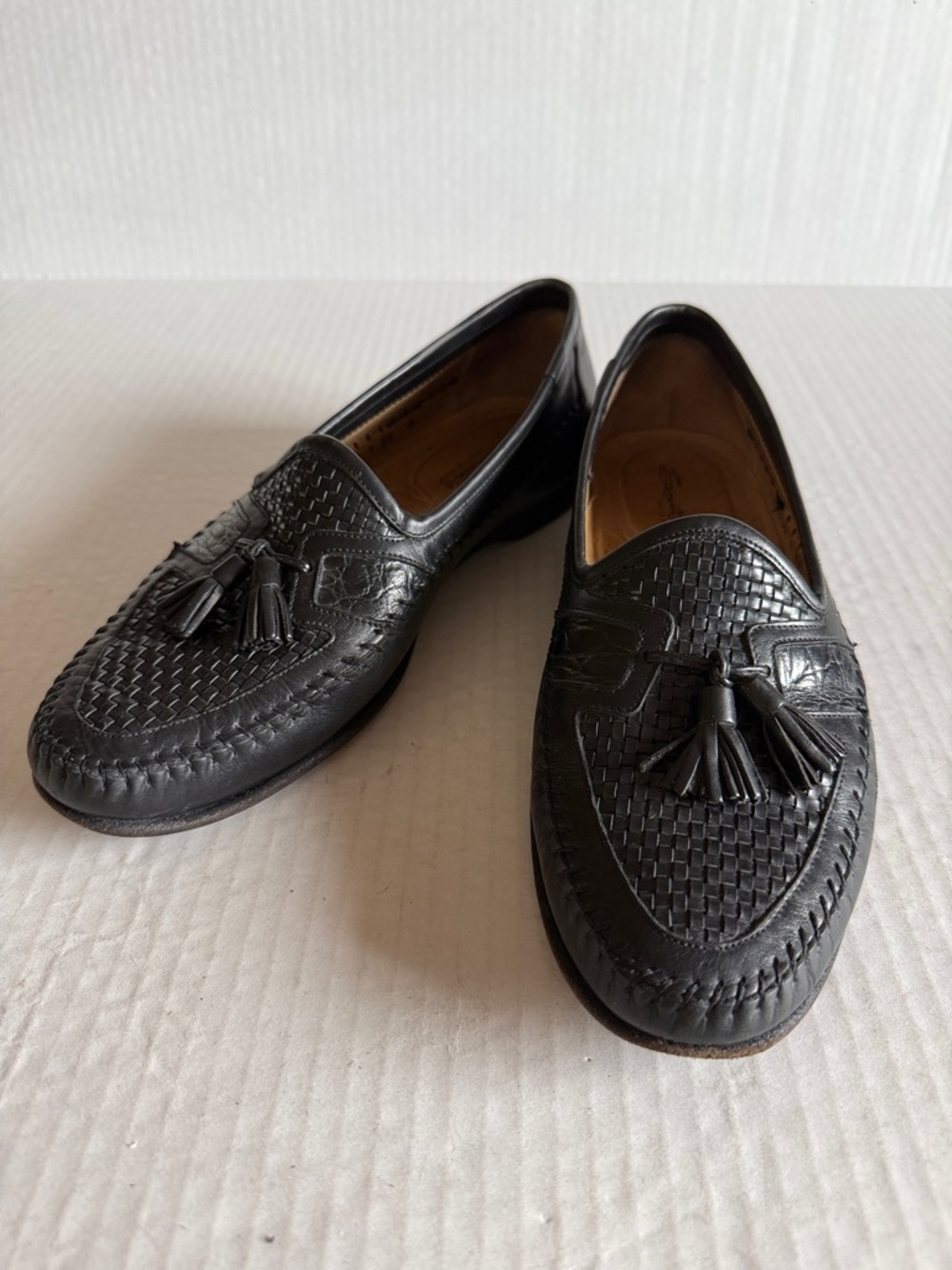Santoni Made In Italy Black Leather Basketweave Tassel Trim Loafer